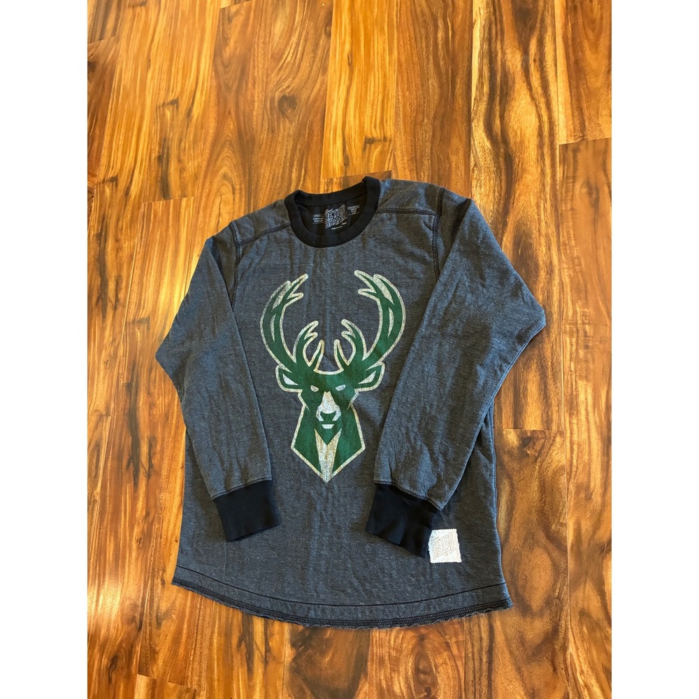Retro Brand Milwaukee Bucks‎ NBA Long Sleeve Thermal Shirt Grey Mens Small
